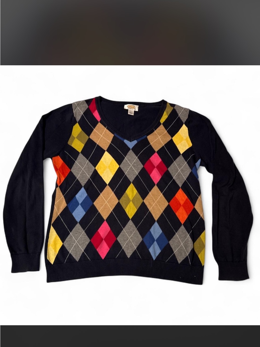 Talbots Navy Women’s V-Neck Sweater with Multicolor Argyle Diamonds